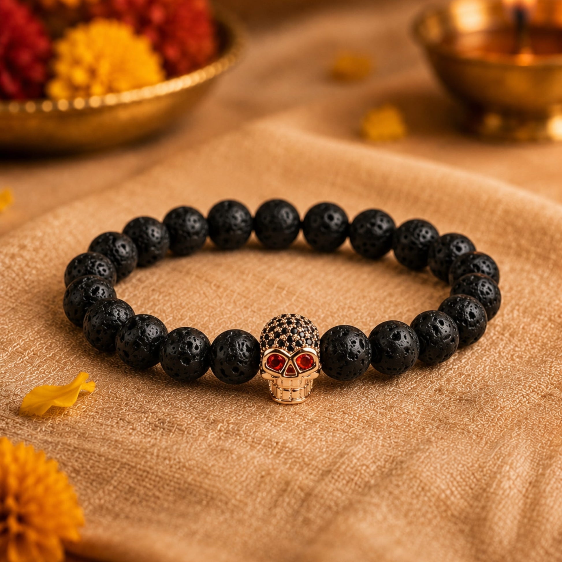 THE MEN THING Bead Bracelet The Perfect Rakhi Gift For Every Brother – INTERNO SKULL - Rose Gold Toned Skull - Premium Beads Bracelets With Timeless Style (7inch)
