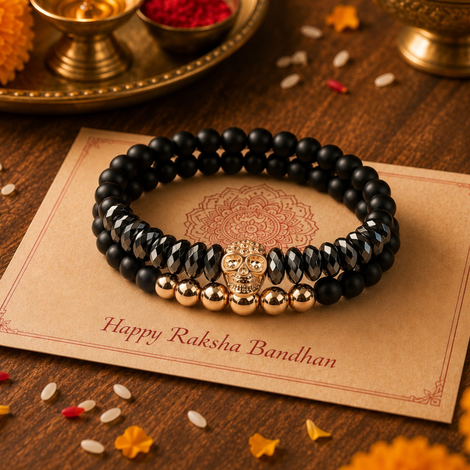 THE MEN THING Bead Bracelet The Perfect Rakhi Gift For Every Brother – LAVA EMBRACE SKUL DUO- Black Gold Tone - Premium Beads Bracelets With Timeless Style (7inch)