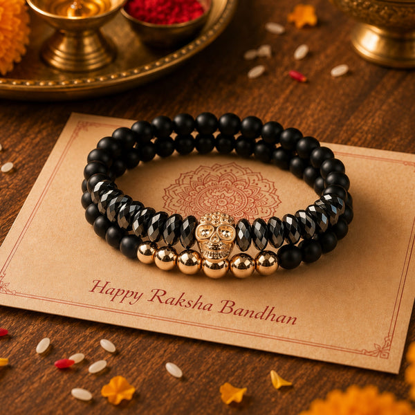 The Perfect Rakhi Gift For Every Brother – LAVA EMBRACE SKUL DUO- Black Gold Tone - Premium Beads Bracelets With Timeless Style (7inch)