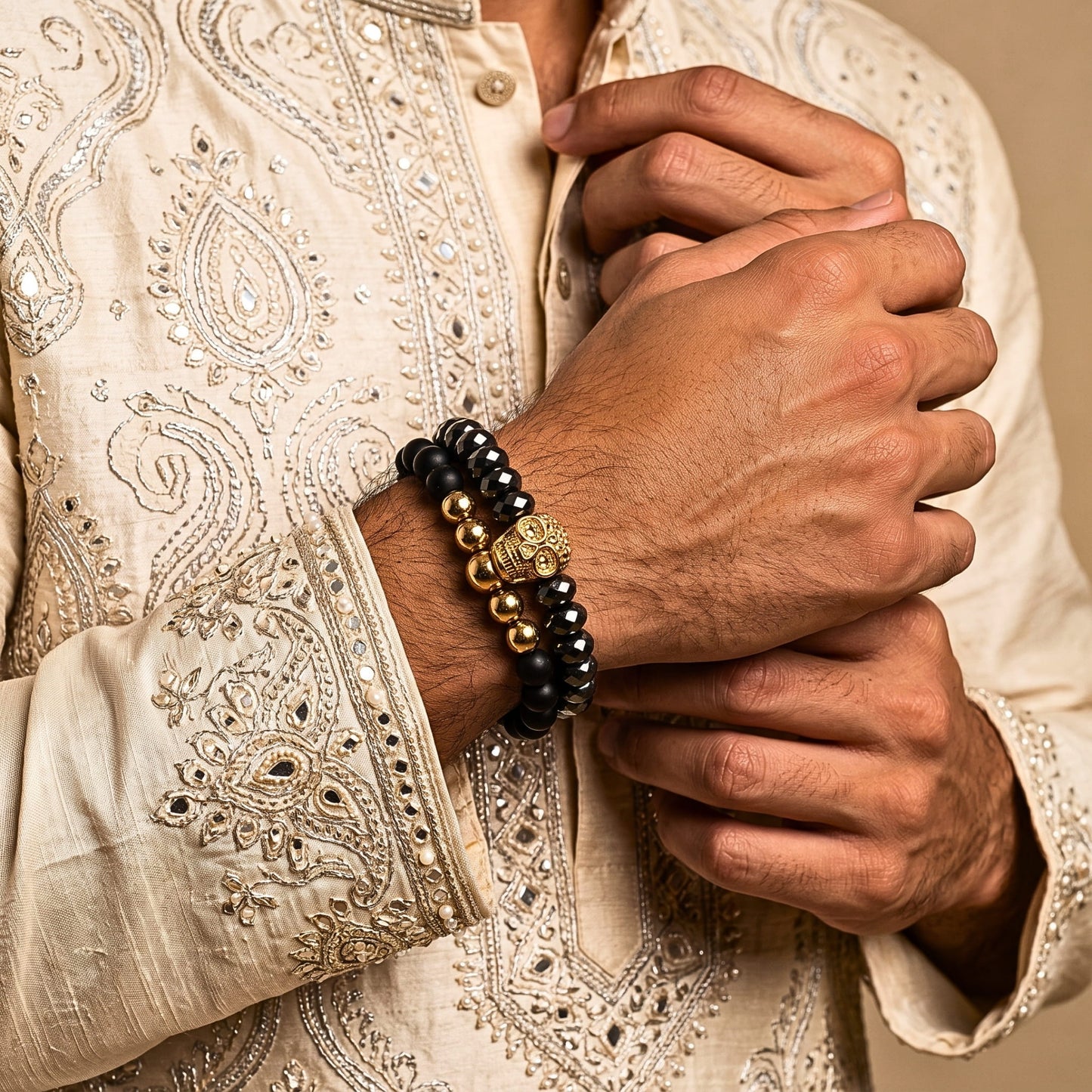 THE MEN THING Bead Bracelet The Perfect Rakhi Gift For Every Brother – LAVA EMBRACE SKUL DUO- Black Gold Tone - Premium Beads Bracelets With Timeless Style (7inch)