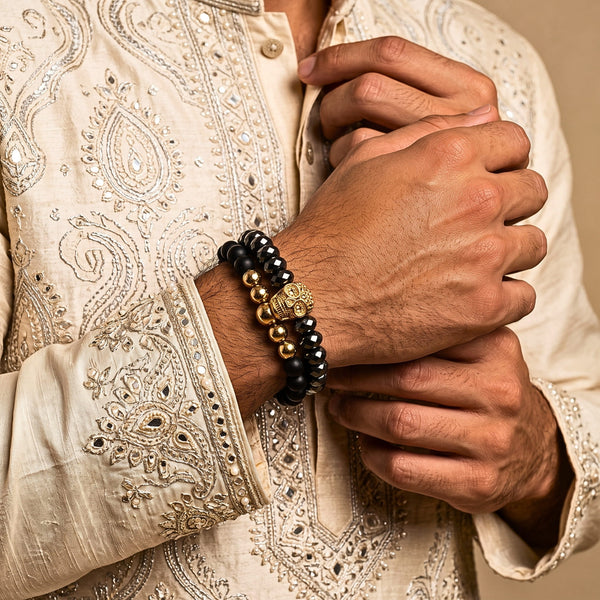 The Perfect Rakhi Gift For Every Brother – LAVA EMBRACE SKUL DUO- Black Gold Tone - Premium Beads Bracelets With Timeless Style (7inch)