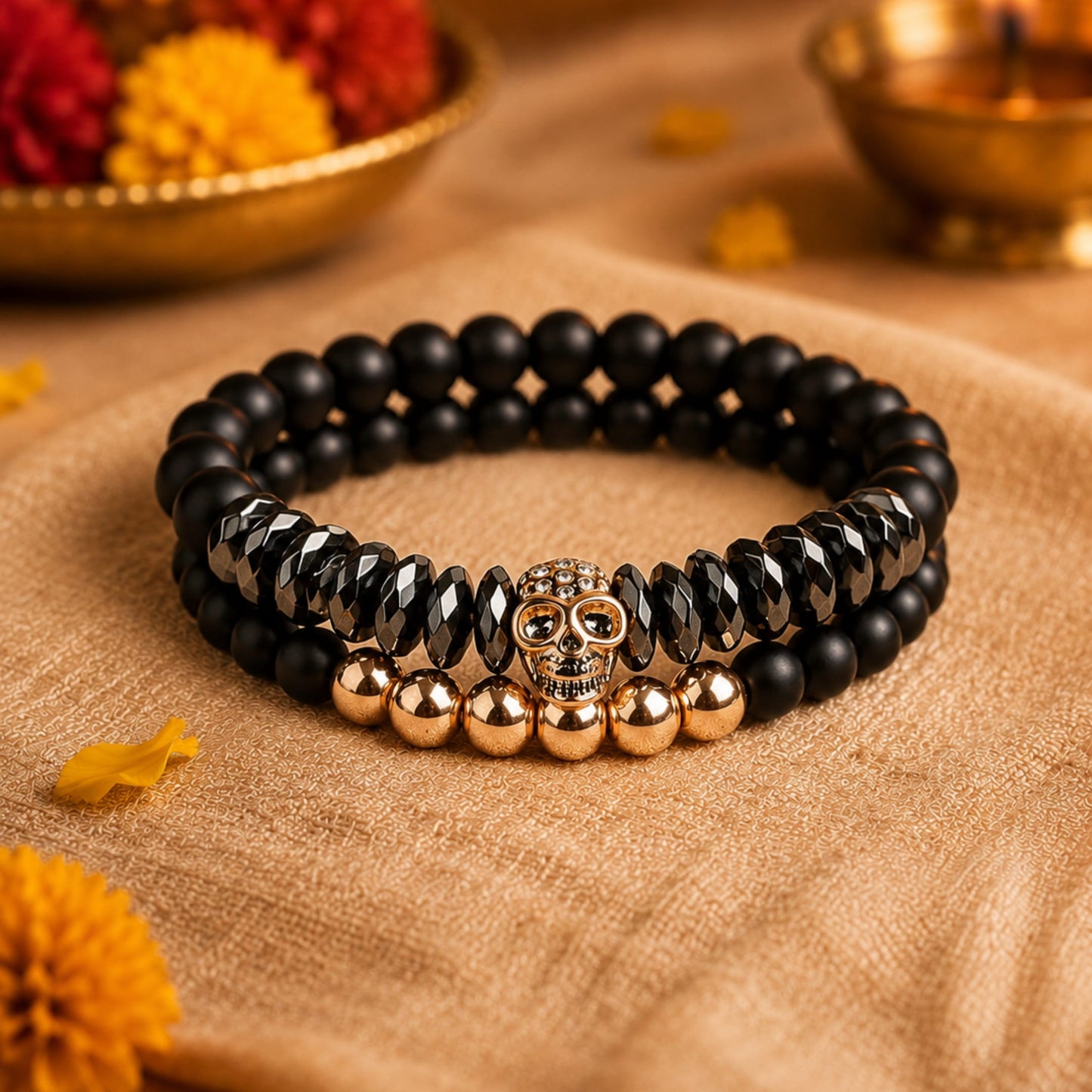 THE MEN THING Bead Bracelet The Perfect Rakhi Gift For Every Brother – LAVA EMBRACE SKUL DUO- Black Gold Tone - Premium Beads Bracelets With Timeless Style (7inch)
