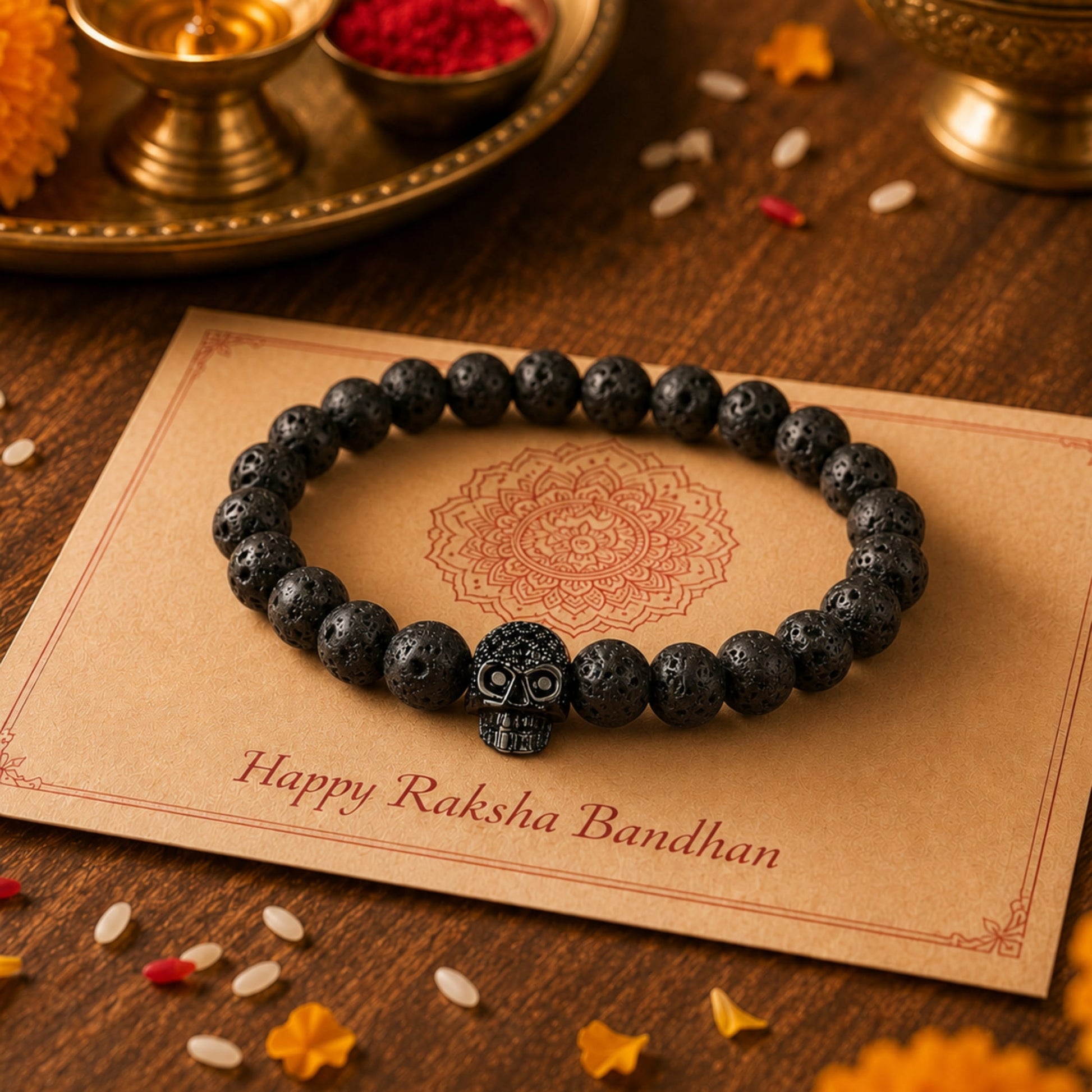 THE MEN THING Bead Bracelet The Perfect Rakhi Gift For Every Brother – LAVA SKULL DARK NIGHT - Premium Beads Bracelets With Timeless Style (7inch)