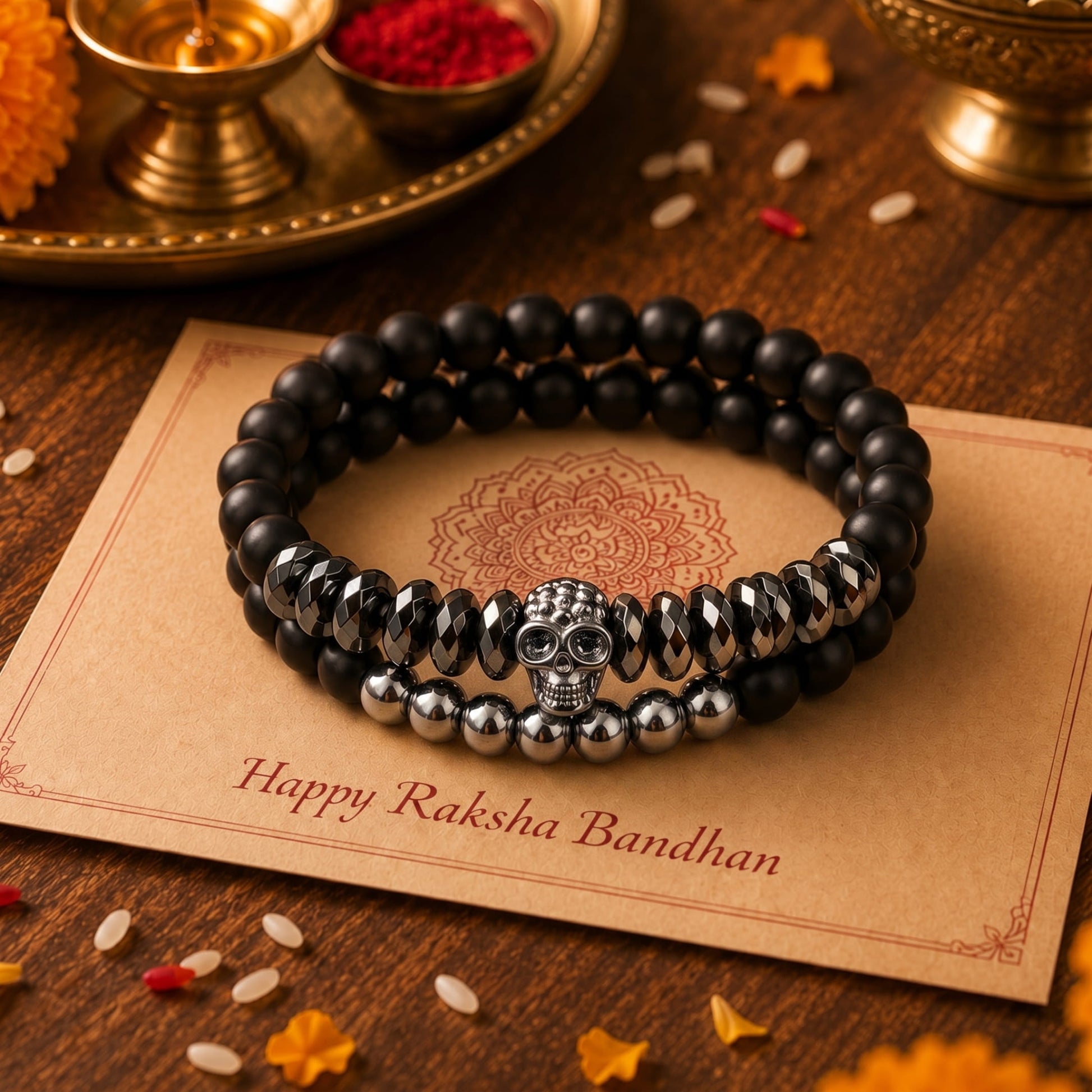 THE MEN THING Bead Bracelet The Perfect Rakhi Gift For Every Brother – LAVA SKULL DOUBLE TROUBLE - Premium Beads Bracelets With Timeless Style (7inch)