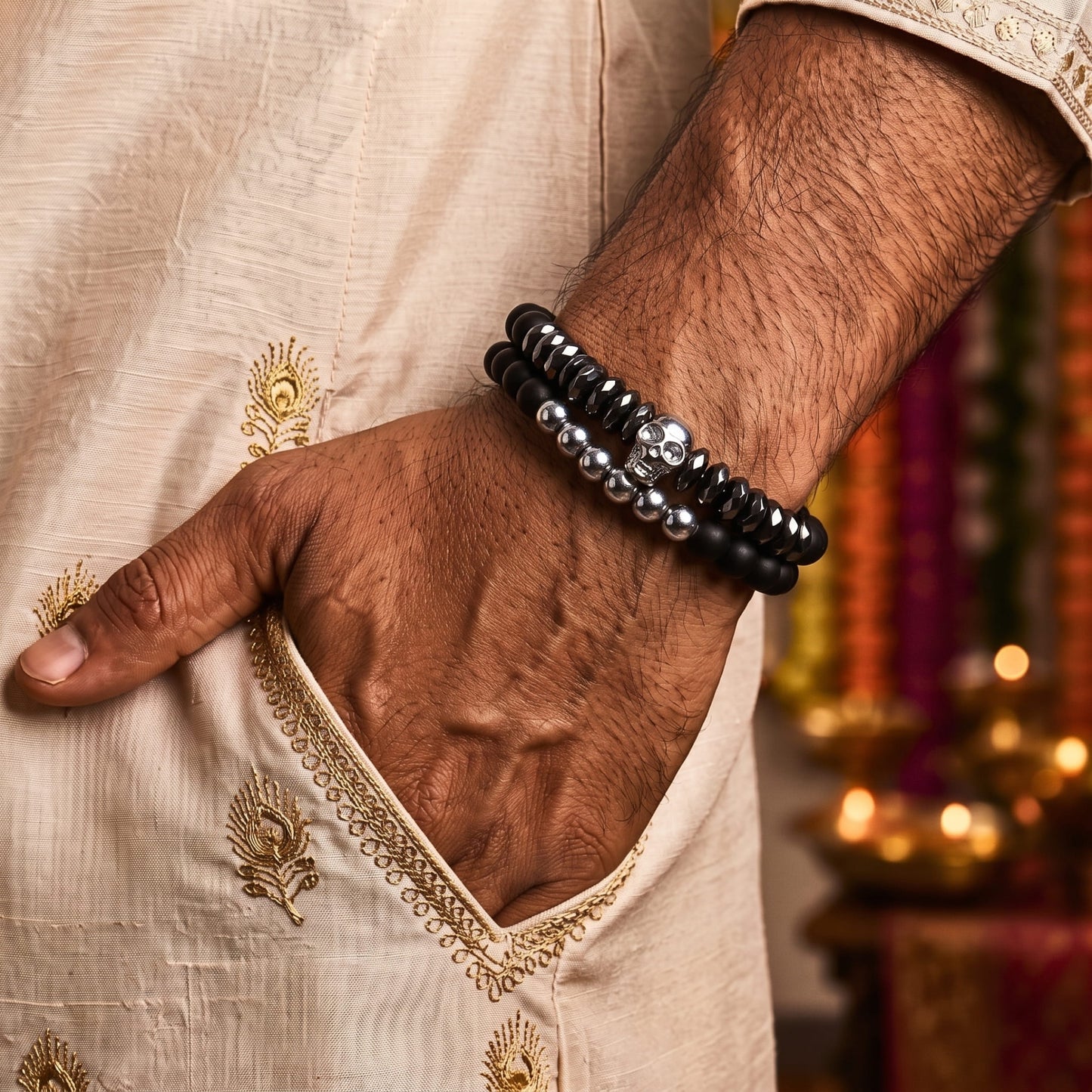 THE MEN THING Bead Bracelet The Perfect Rakhi Gift For Every Brother – LAVA SKULL DOUBLE TROUBLE - Premium Beads Bracelets With Timeless Style (7inch)