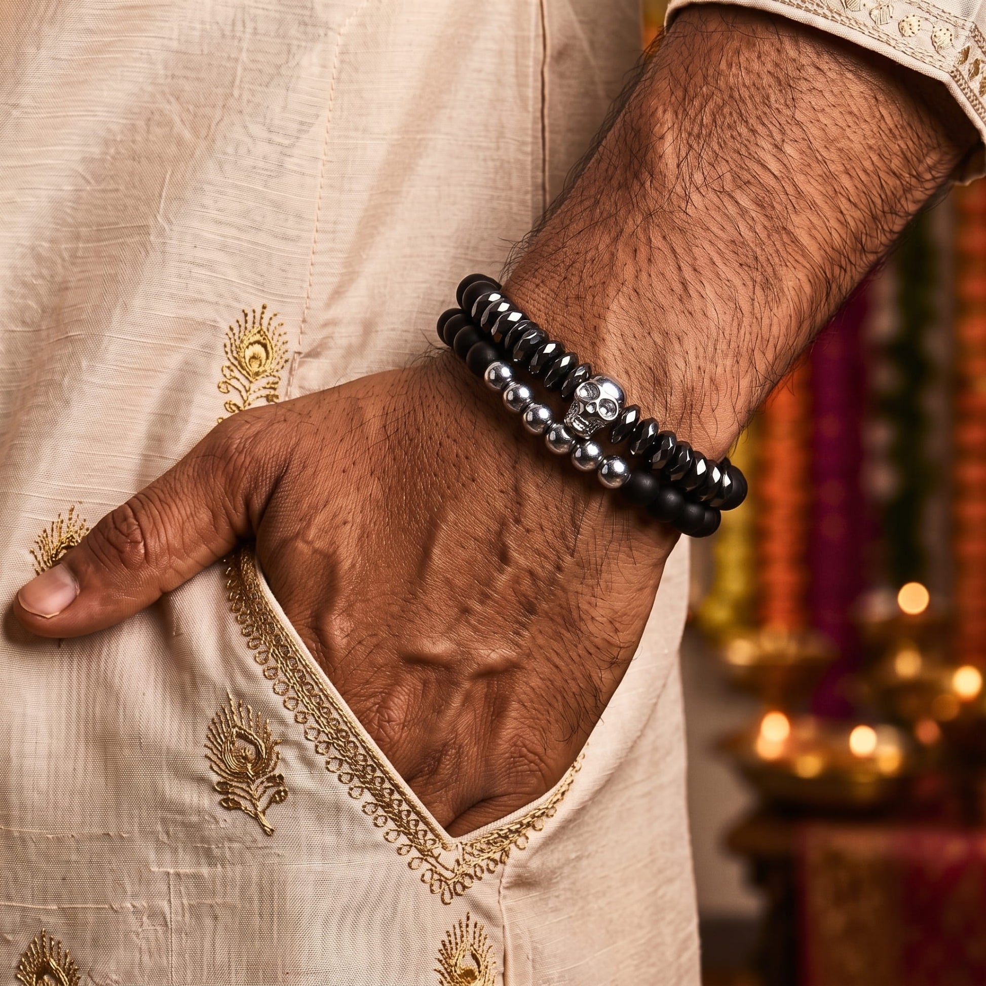 THE MEN THING Bead Bracelet The Perfect Rakhi Gift For Every Brother – LAVA SKULL DOUBLE TROUBLE - Premium Beads Bracelets With Timeless Style (7inch)