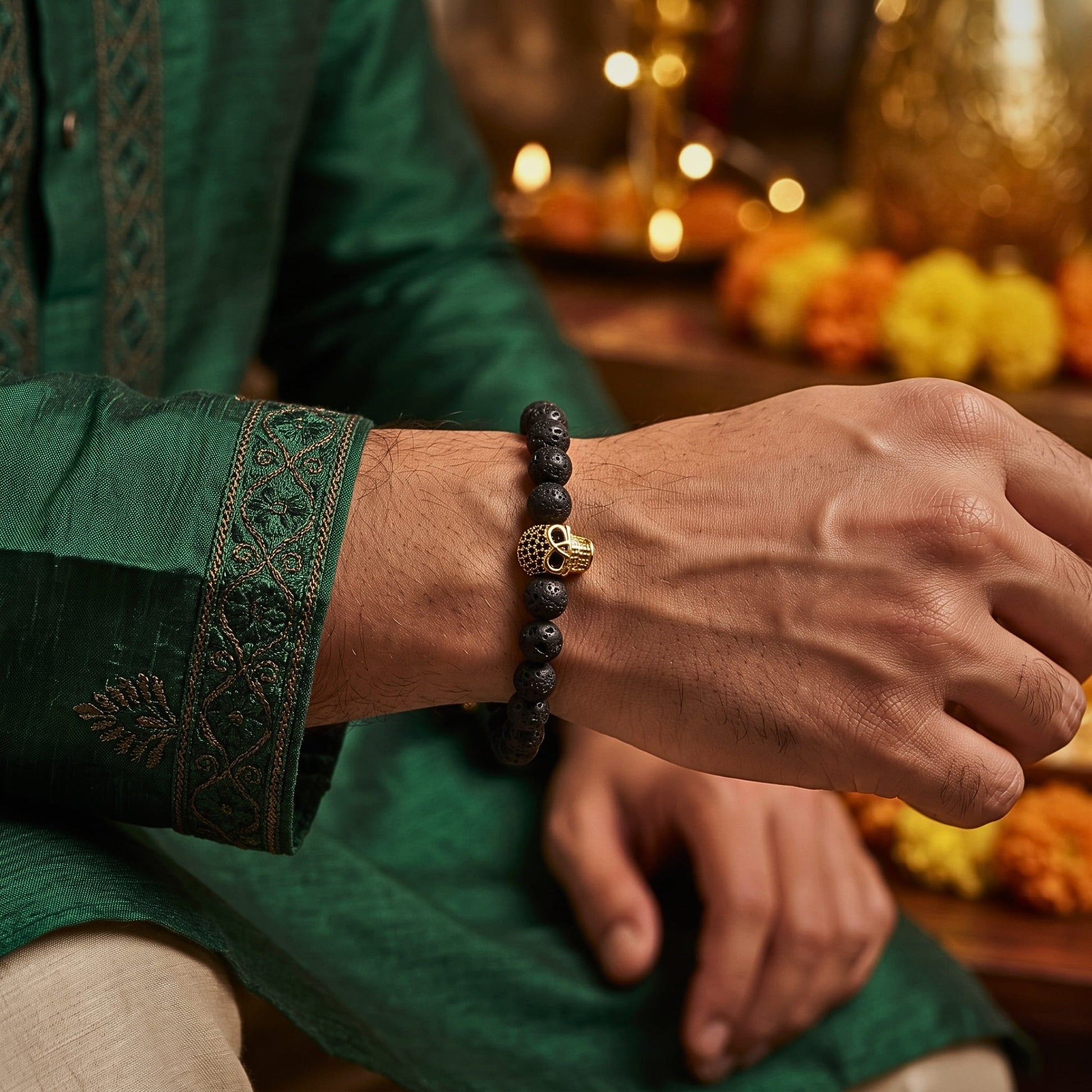 THE MEN THING Bead Bracelet The Perfect Rakhi Gift For Every Brother – LAVA SKULL GOLD TONE - Premium Beads Bracelets With Timeless Style (7inch)