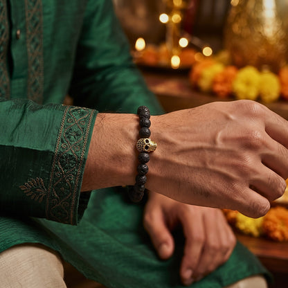 THE MEN THING Bead Bracelet The Perfect Rakhi Gift For Every Brother – LAVA SKULL GOLD TONE - Premium Beads Bracelets With Timeless Style (7inch)