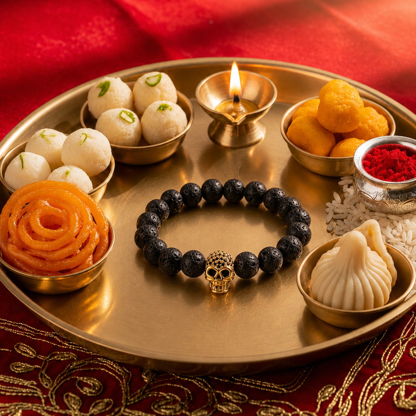 THE MEN THING Bead Bracelet The Perfect Rakhi Gift For Every Brother – LAVA SKULL GOLD TONE - Premium Beads Bracelets With Timeless Style (7inch)