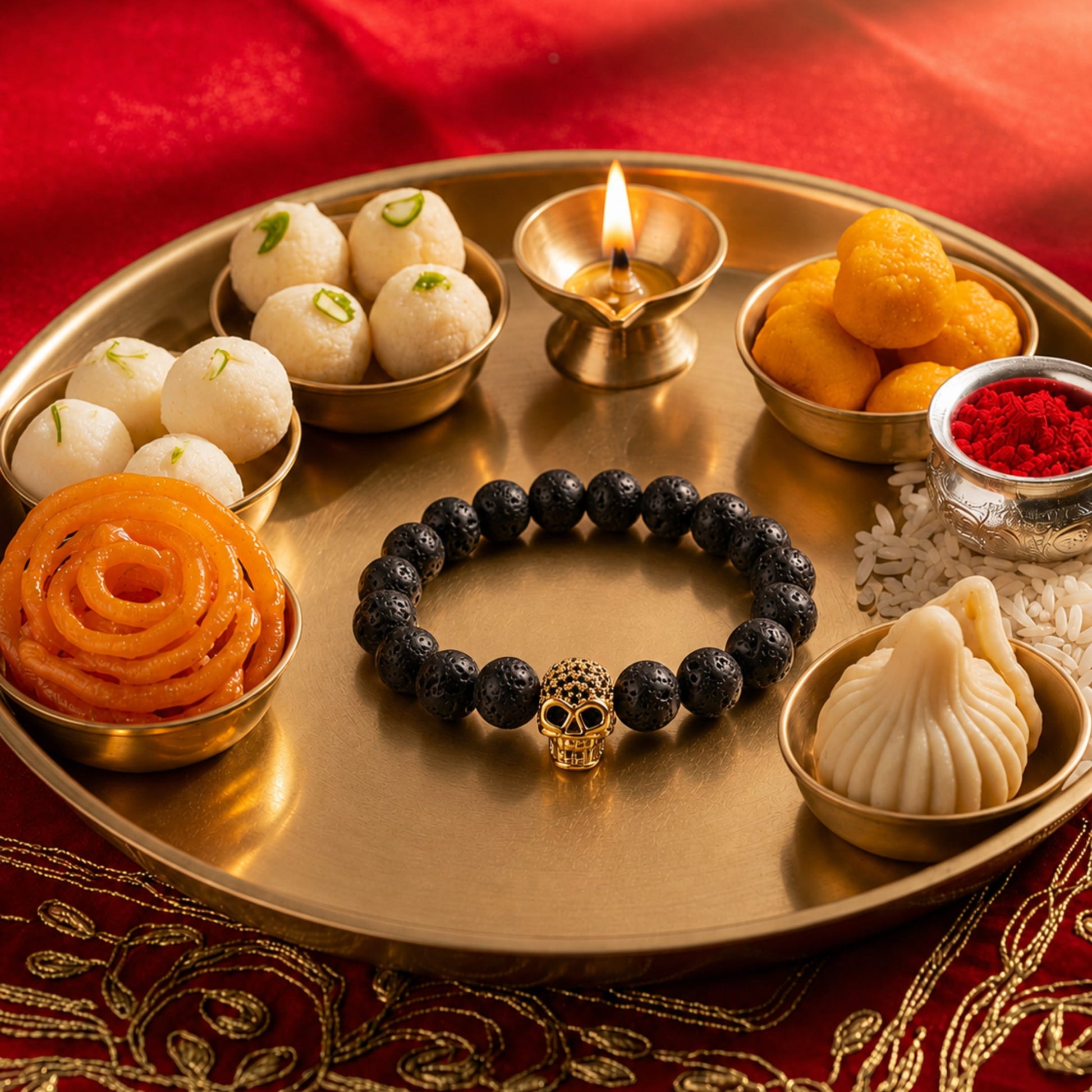 THE MEN THING Bead Bracelet The Perfect Rakhi Gift For Every Brother – LAVA SKULL GOLD TONE - Premium Beads Bracelets With Timeless Style (7inch)
