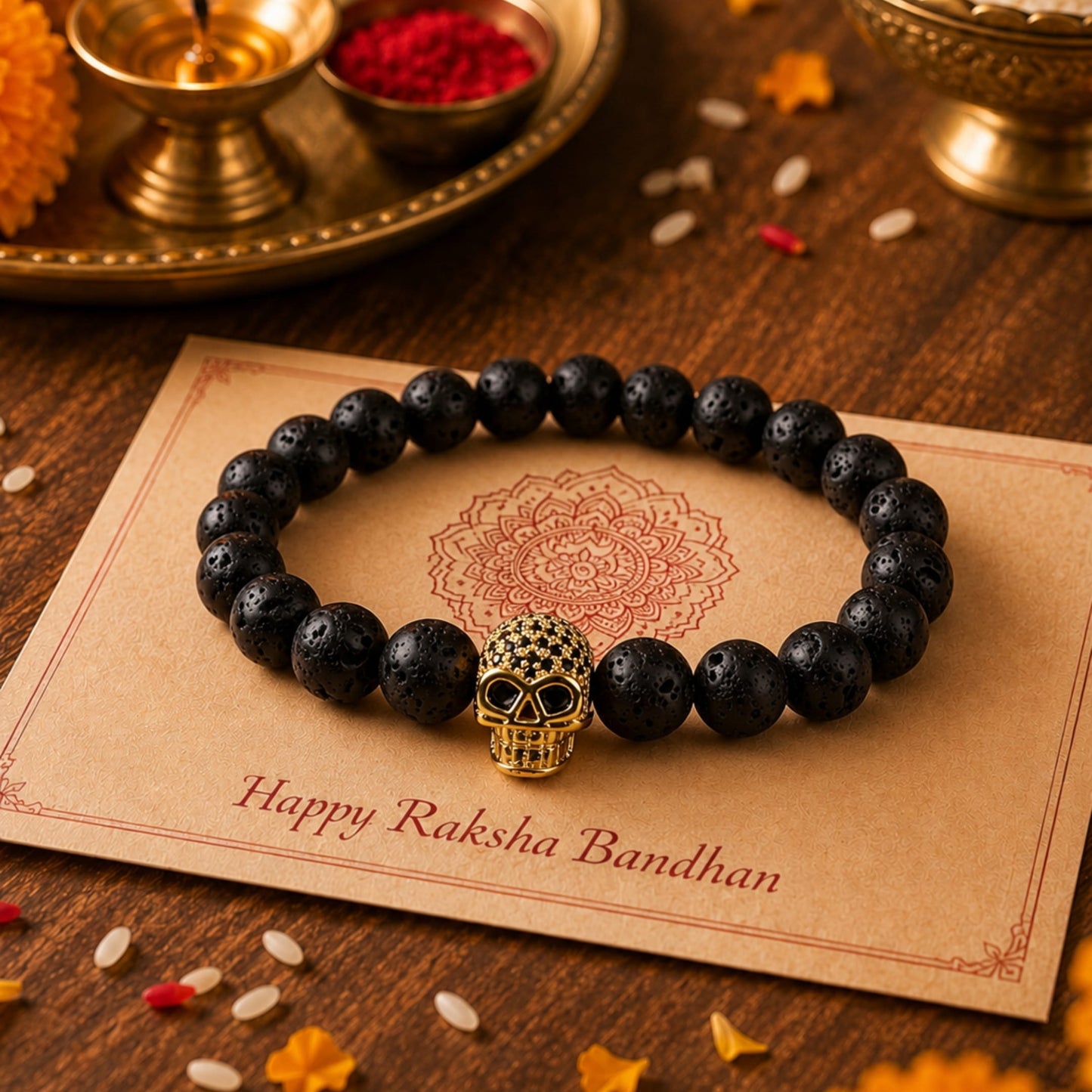 THE MEN THING Bead Bracelet The Perfect Rakhi Gift For Every Brother – LAVA SKULL GOLD TONE - Premium Beads Bracelets With Timeless Style (7inch)