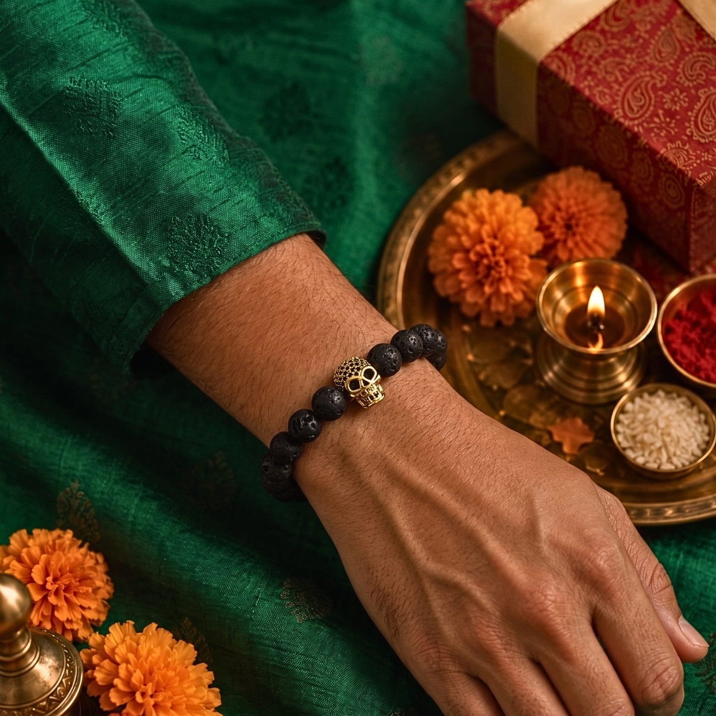 THE MEN THING Bead Bracelet The Perfect Rakhi Gift For Every Brother – LAVA SKULL GOLD TONE - Premium Beads Bracelets With Timeless Style (7inch)