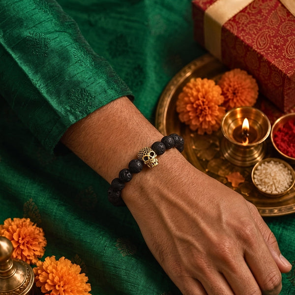 The Perfect Rakhi Gift For Every Brother – LAVA SKULL GOLD TONE - Premium Beads Bracelets With Timeless Style (7inch)
