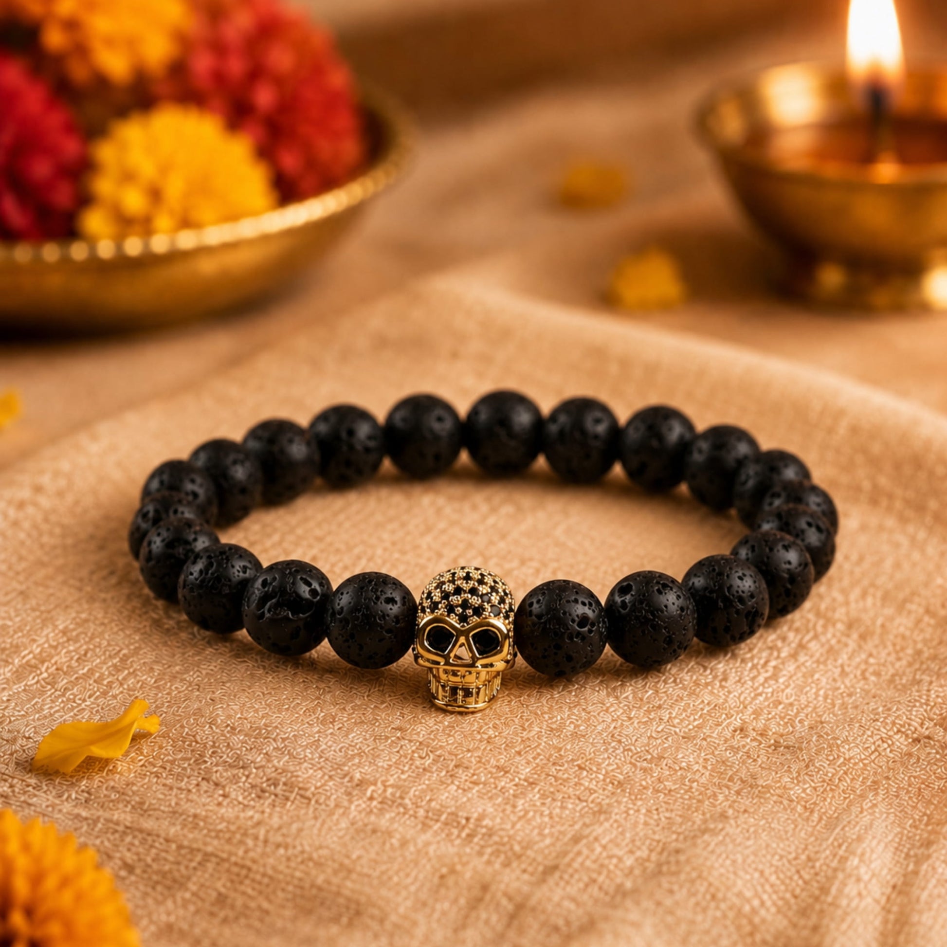THE MEN THING Bead Bracelet The Perfect Rakhi Gift For Every Brother – LAVA SKULL GOLD TONE - Premium Beads Bracelets With Timeless Style (7inch)