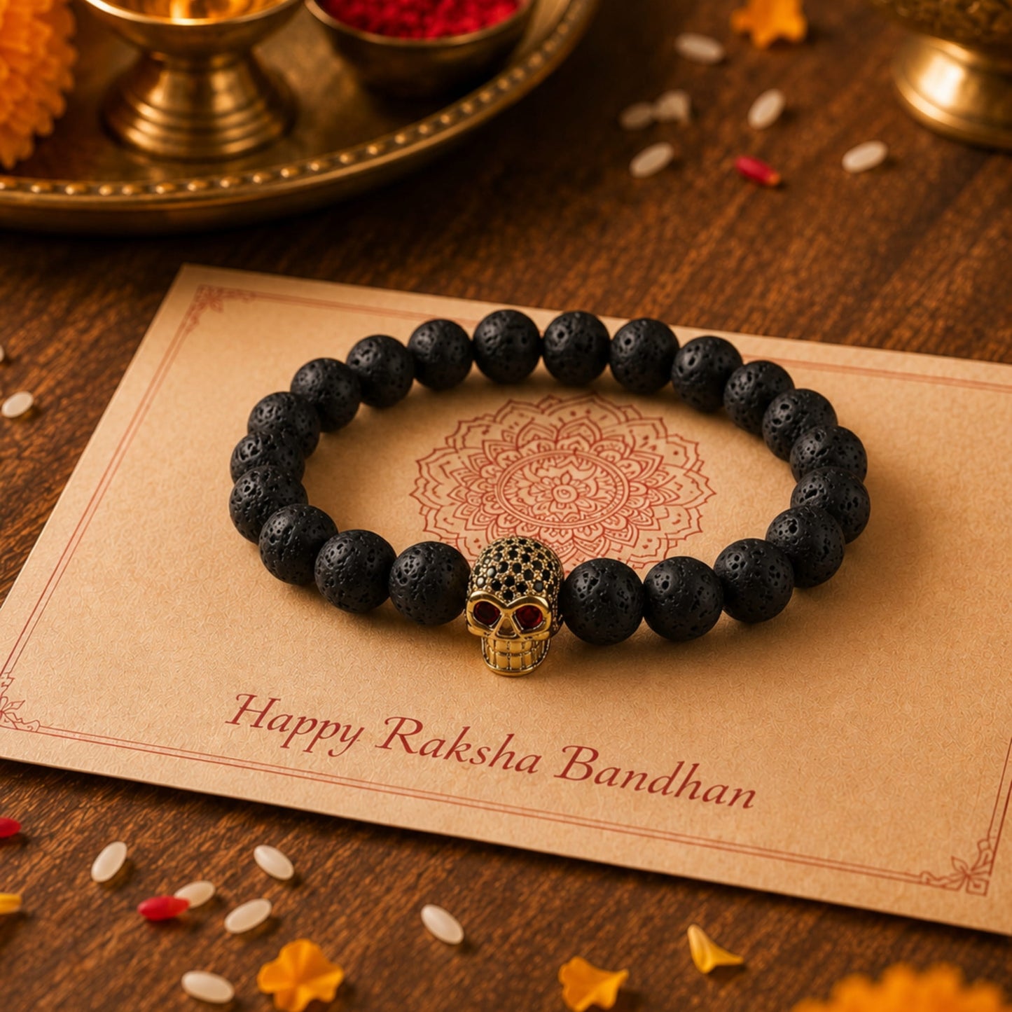 THE MEN THING Bead Bracelet The Perfect Rakhi Gift For Every Brother – LAVA SKULL RED EYE - Premium Beads Bracelets With Timeless Style (7inch)