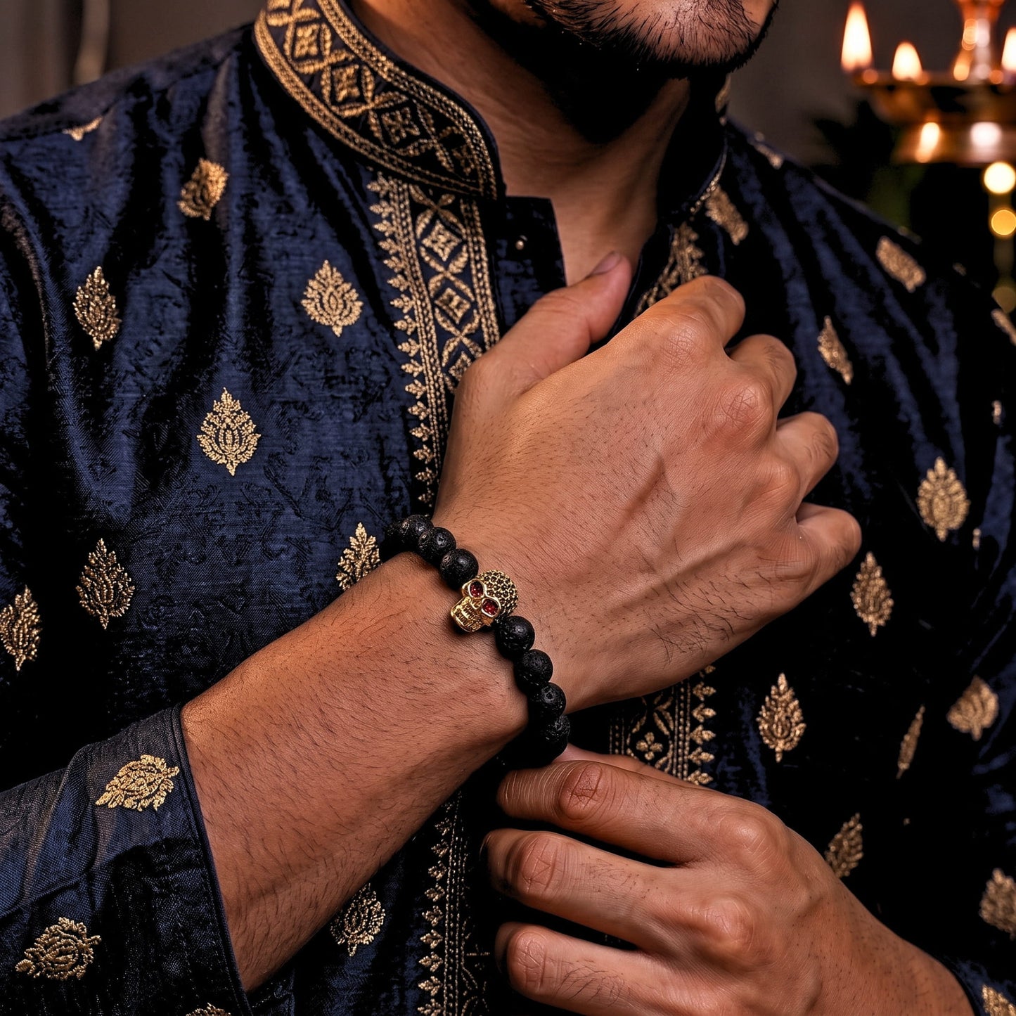 THE MEN THING Bead Bracelet The Perfect Rakhi Gift For Every Brother – LAVA SKULL RED EYE - Premium Beads Bracelets With Timeless Style (7inch)