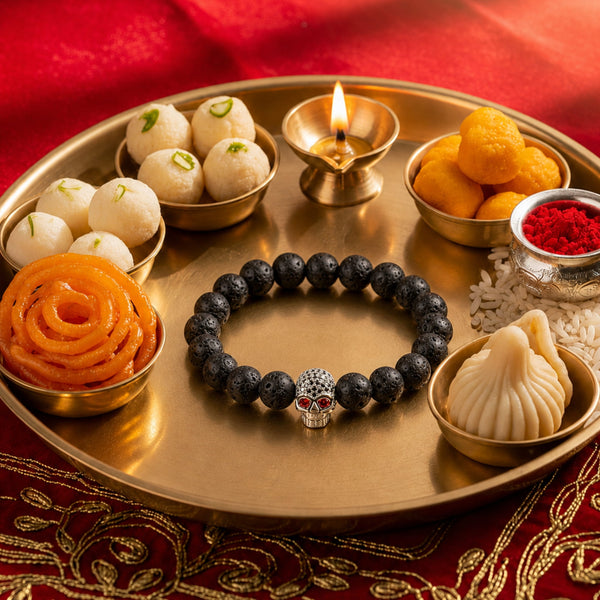 The Perfect Rakhi Gift For Every Brother – LAVA SKULL RED EYE SILVER TONE - Premium Beads Bracelets With Timeless Style (7inch)