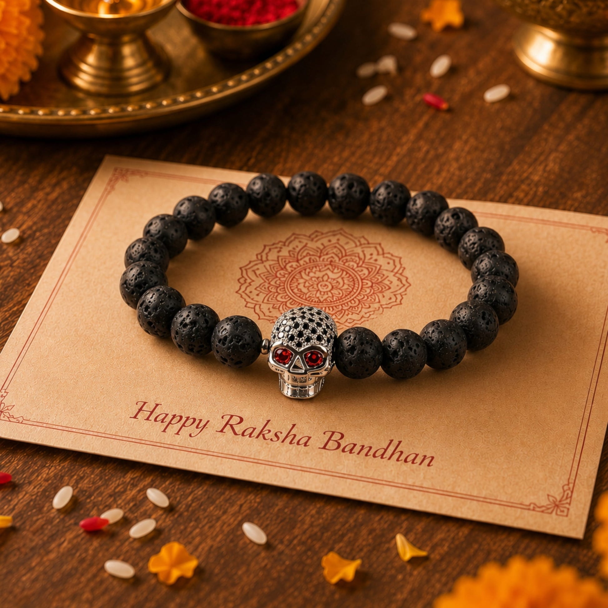 THE MEN THING Bead Bracelet The Perfect Rakhi Gift For Every Brother – LAVA SKULL RED EYE SILVER TONE - Premium Beads Bracelets With Timeless Style (7inch)