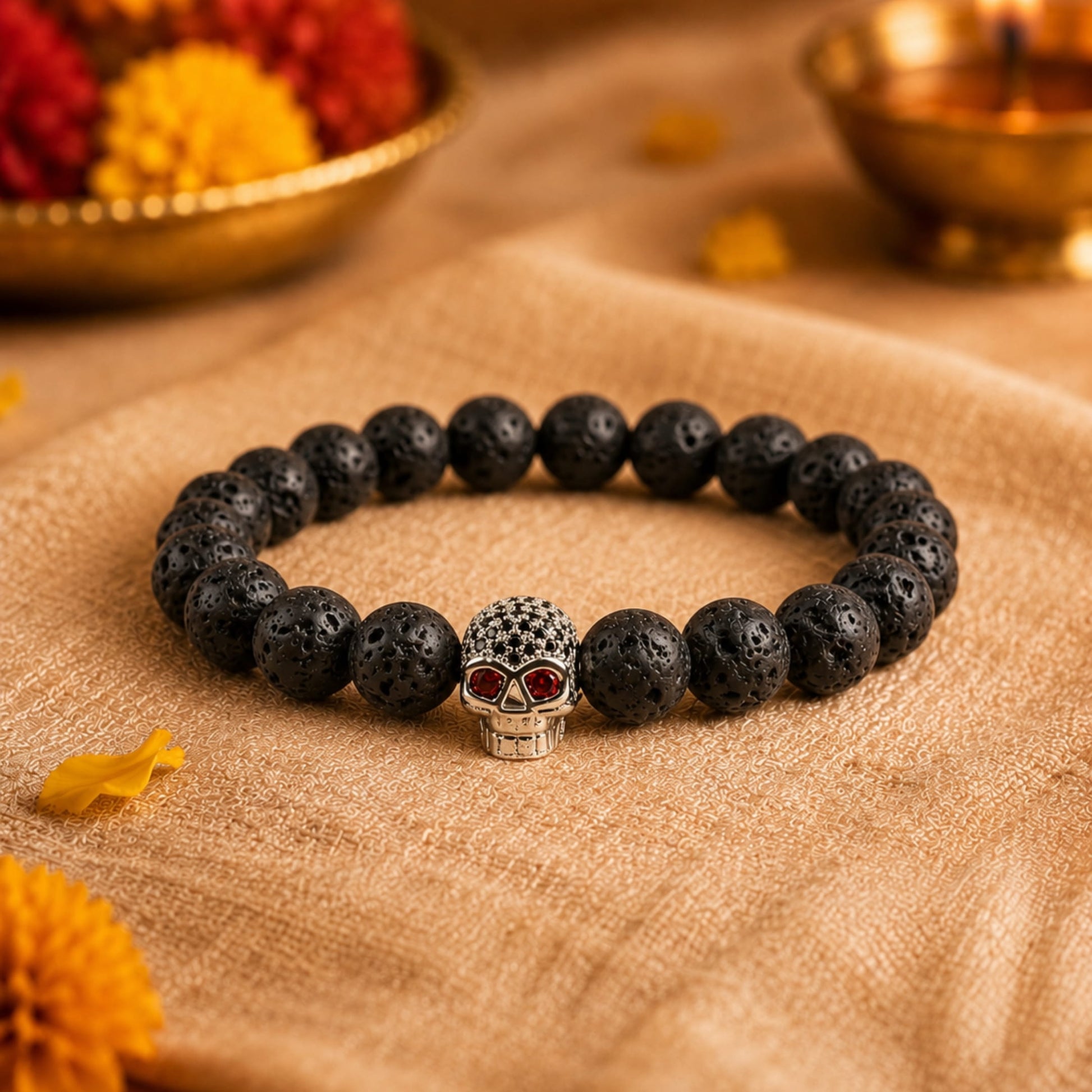 THE MEN THING Bead Bracelet The Perfect Rakhi Gift For Every Brother – LAVA SKULL RED EYE SILVER TONE - Premium Beads Bracelets With Timeless Style (7inch)
