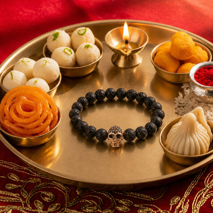 THE MEN THING Bead Bracelet The Perfect Rakhi Gift For Every Brother – LAVA SKULL ROSE GOLD TONE - Premium Beads Bracelets With Timeless Style (7inch)