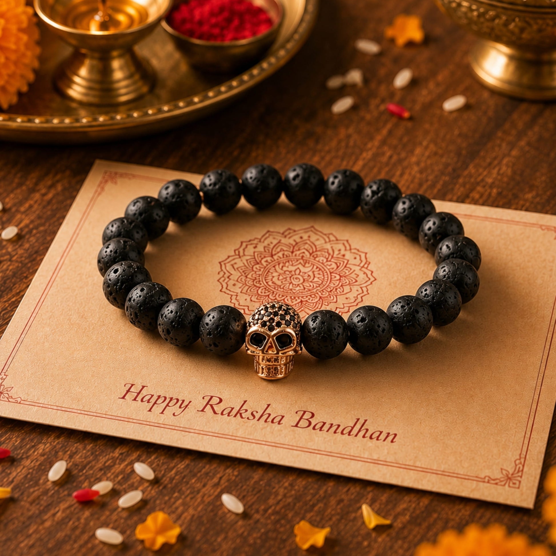 THE MEN THING Bead Bracelet The Perfect Rakhi Gift For Every Brother – LAVA SKULL ROSE GOLD TONE - Premium Beads Bracelets With Timeless Style (7inch)