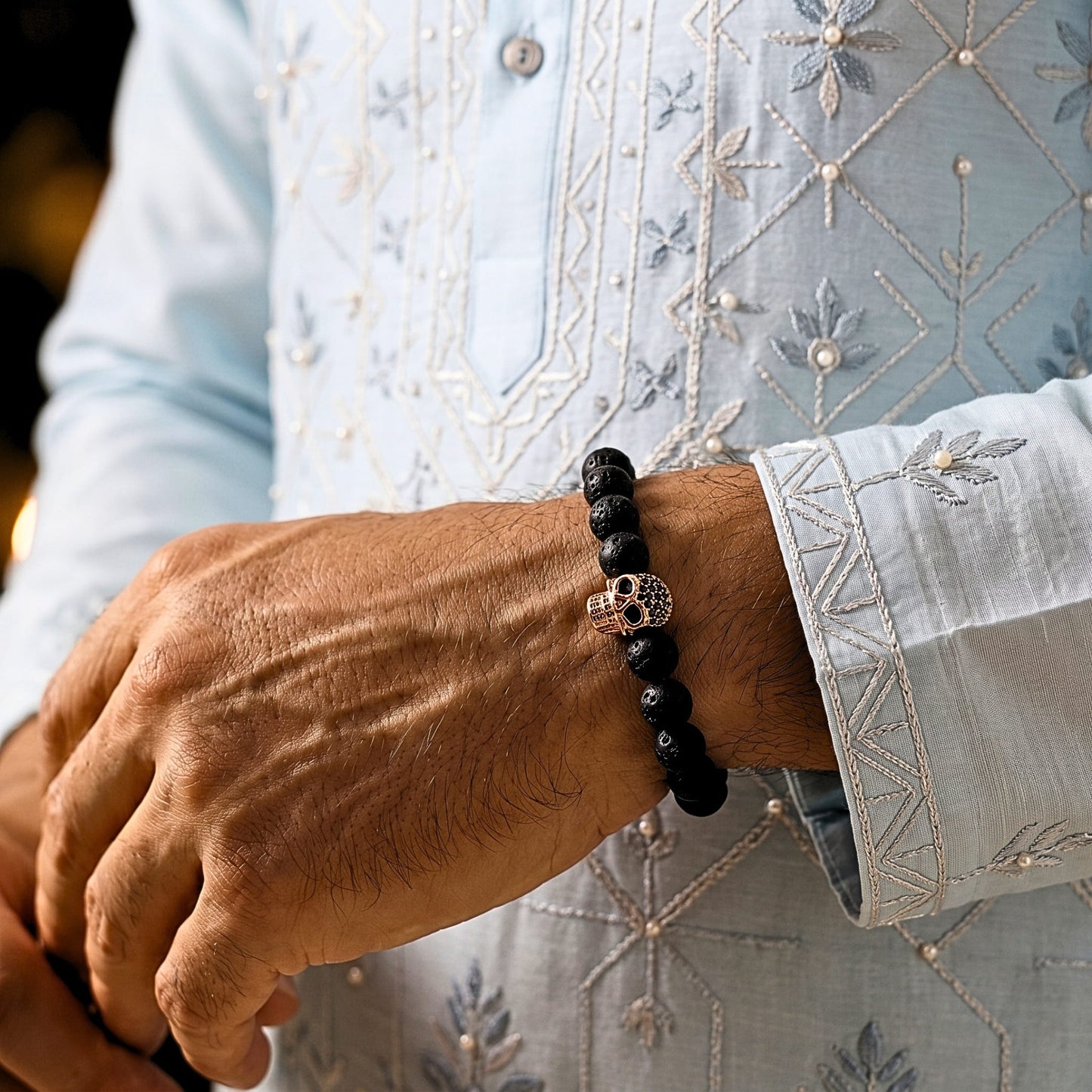 THE MEN THING Bead Bracelet The Perfect Rakhi Gift For Every Brother – LAVA SKULL ROSE GOLD TONE - Premium Beads Bracelets With Timeless Style (7inch)