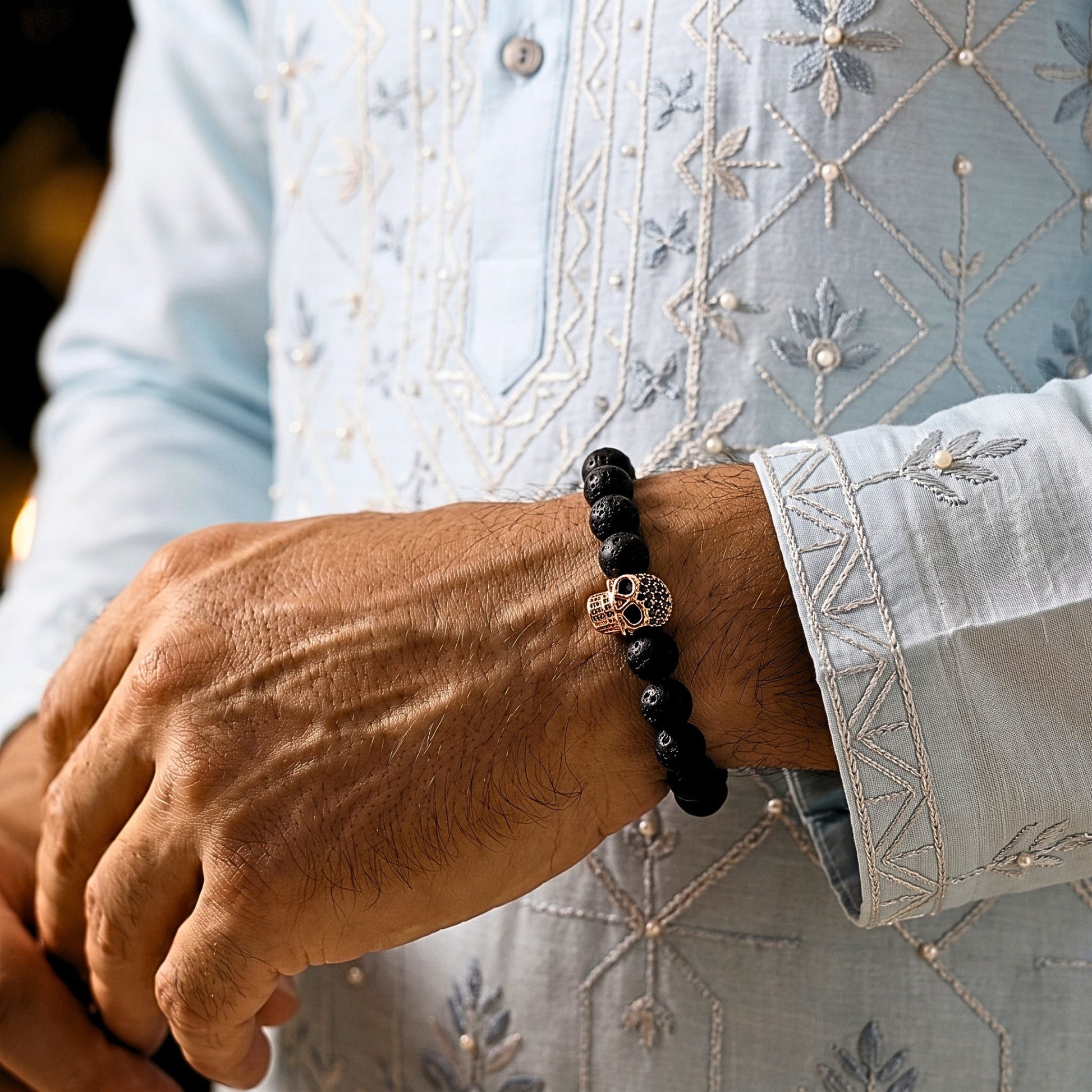 THE MEN THING Bead Bracelet The Perfect Rakhi Gift For Every Brother – LAVA SKULL ROSE GOLD TONE - Premium Beads Bracelets With Timeless Style (7inch)