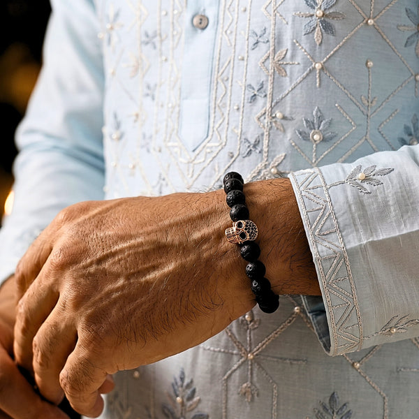 The Perfect Rakhi Gift For Every Brother – LAVA SKULL ROSE GOLD TONE - Premium Beads Bracelets With Timeless Style (7inch)