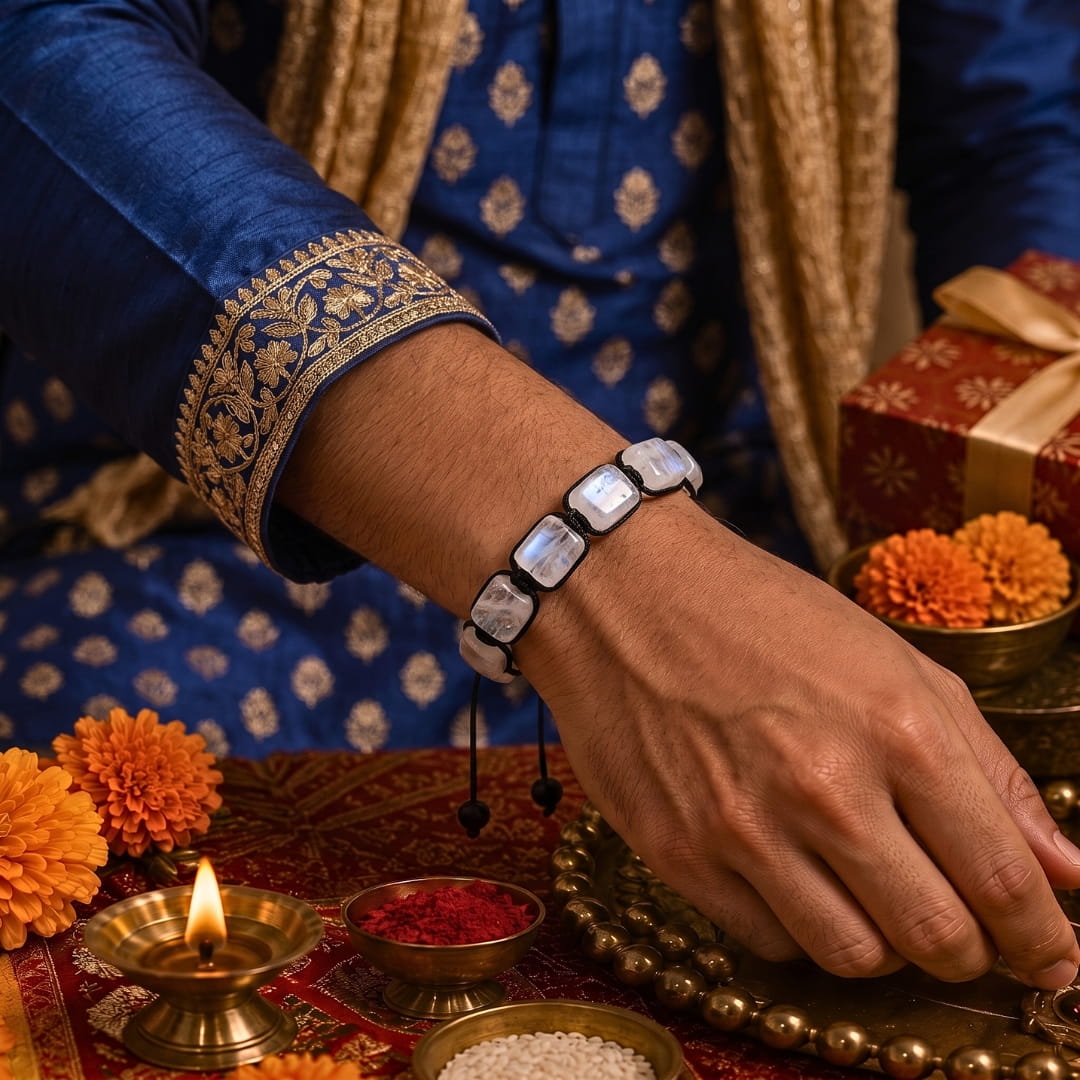 THE MEN THING Bead Bracelet The Perfect Rakhi Gift For Every Brother – MOONSTONE SQUARE - Premium Beads Bracelets With Timeless Style (Adjustable)