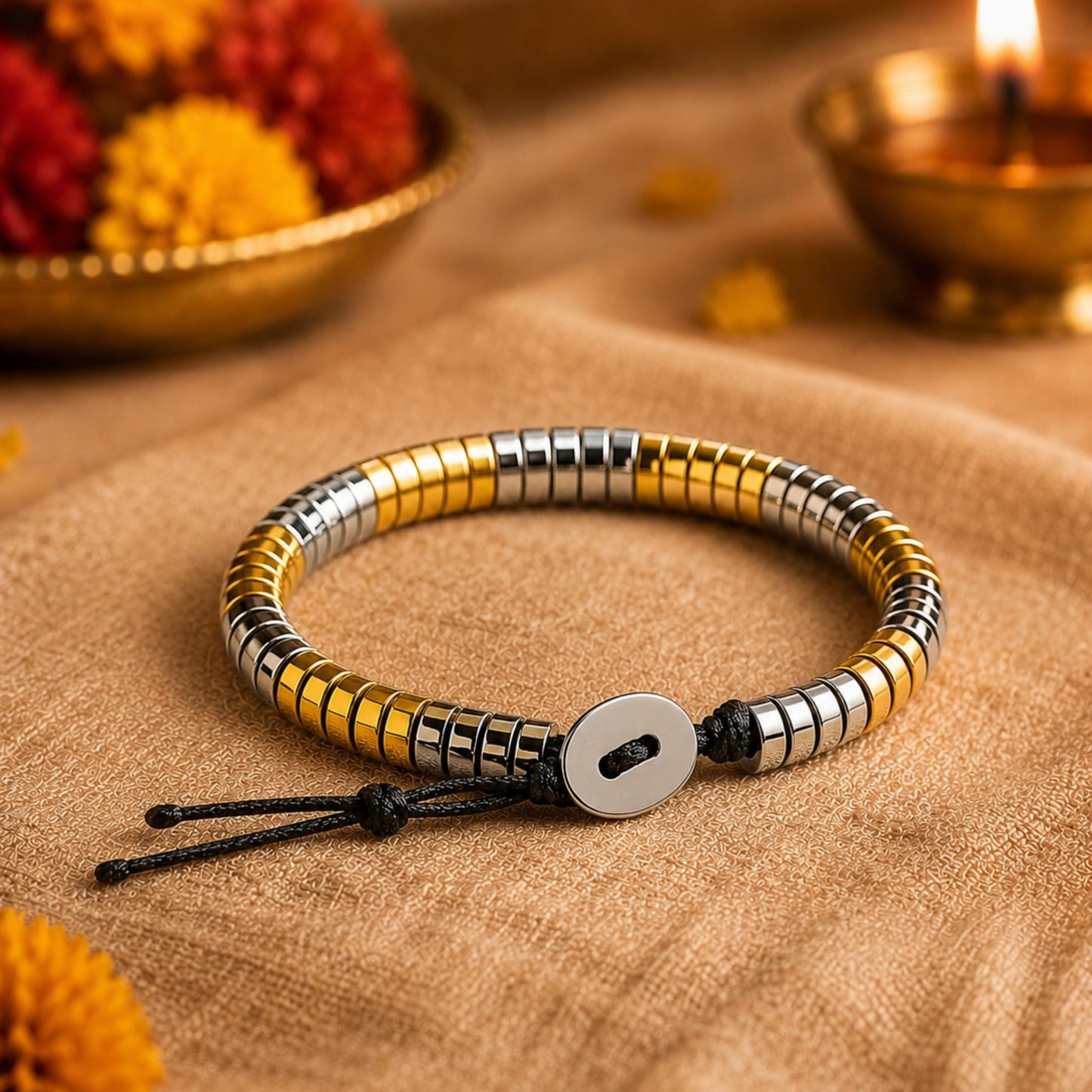 THE MEN THING Bead Bracelet The Perfect Rakhi Gift For Every Brother – SLEEK ITALY - Gold & Silver Tone - Premium Steel Beads Bracelets With Timeless Style (8inch)