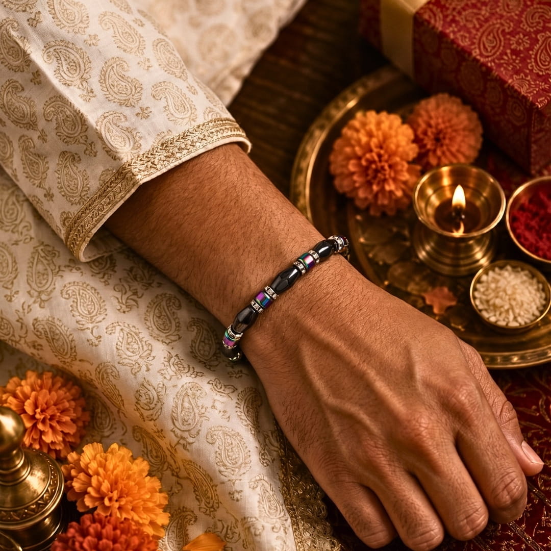 THE MEN THING Bead Bracelet The Perfect Rakhi Gift For Every Brother – SOLACE BLACK - Premium Beads with Natural Stone Bracelets With Timeless Style (7inch)