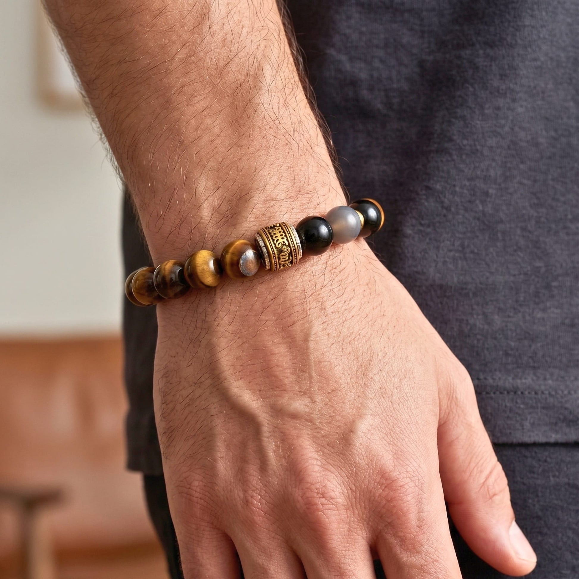 THE MEN THING Bead Bracelet TIGER ROYAL - 12mm Beads Bracelet with Natural Stone Adjustable Bracelet for Men & Boys