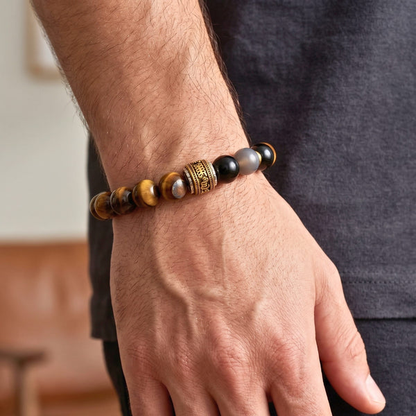TIGER ROYAL - 12mm Beads Bracelet with Natural Stone Adjustable Bracelet for Men & Boys