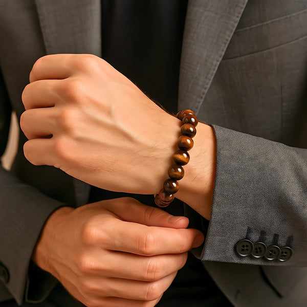 TIGORA TIGERS EYE - 12mm Beads Bracelet with Natural Stone - Adjustable Bracelet