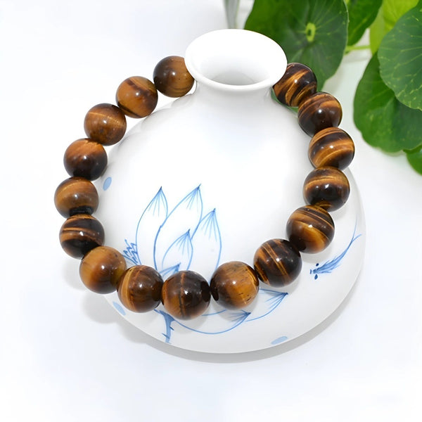TIGORA TIGERS EYE - 12mm Beads Bracelet with Natural Stone - Adjustable Bracelet