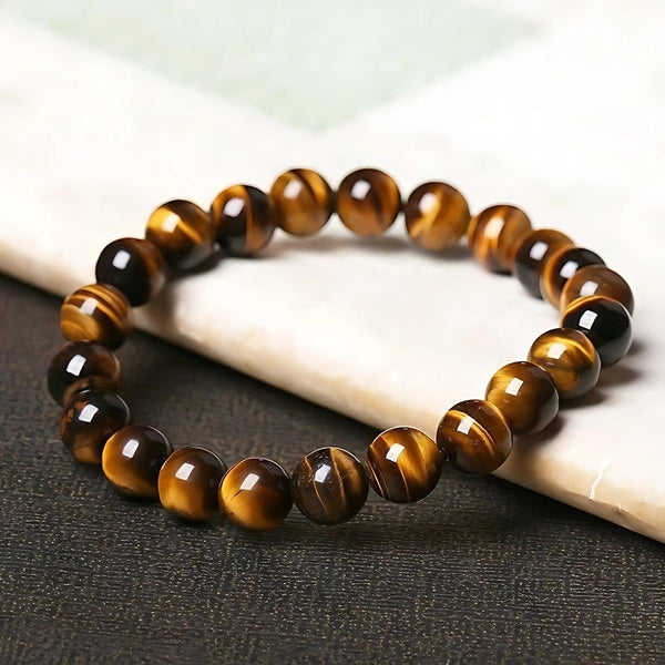 TIGORA TIGERS EYE - 12mm Beads Bracelet with Natural Stone - Adjustable Bracelet