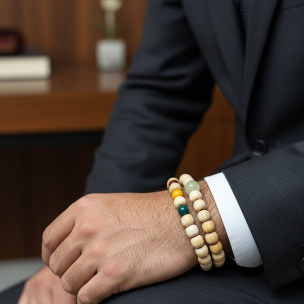 TRANQUIL AURA  - 10mm Wooden Beads Bracelet with Natural Stone - Adjustable Bracelet