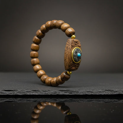 THE MEN THING Bead Bracelet TURQUOISE AMULET  - 10mm Wooden Beads Bracelet with Natural Stone - Adjustable Bracelet