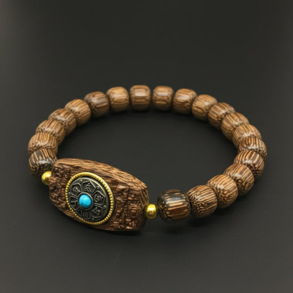 TURQUOISE AMULET  - 10mm Wooden Beads Bracelet with Natural Stone - Adjustable Bracelet