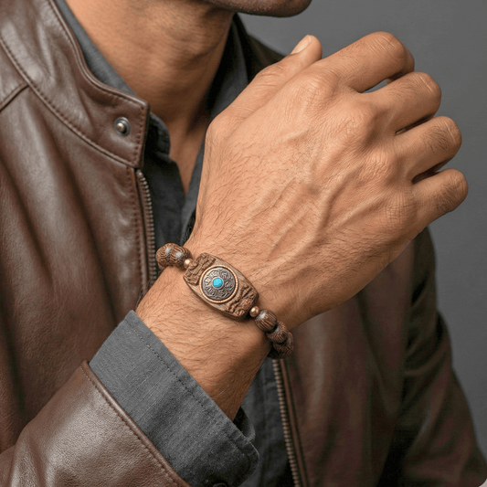 THE MEN THING Bead Bracelet TURQUOISE AMULET  - 10mm Wooden Beads Bracelet with Natural Stone - Adjustable Bracelet