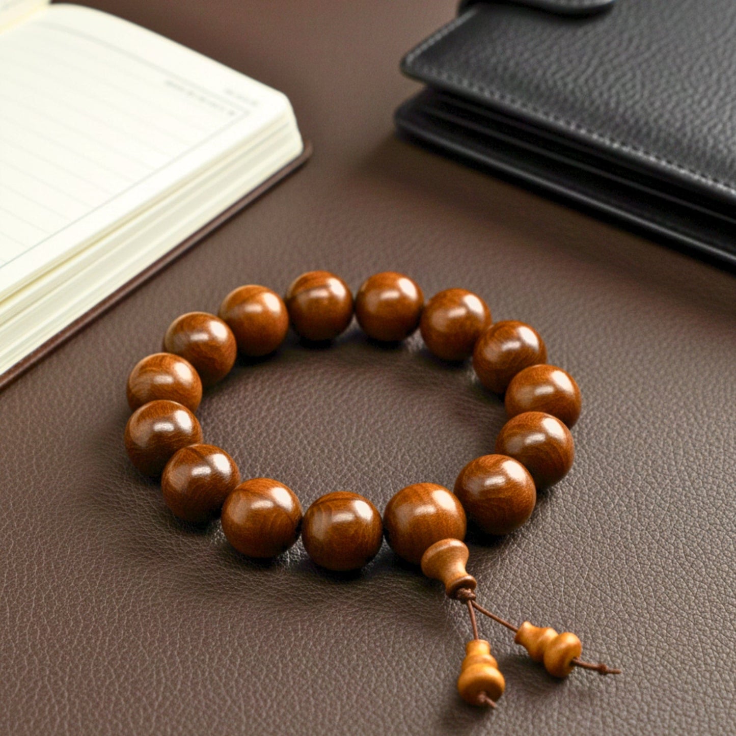 THE MEN THING Bead Bracelet WALDOR - 21mm Wooden Beads Bracelet with Natural Stone - Adjustable Bracelet