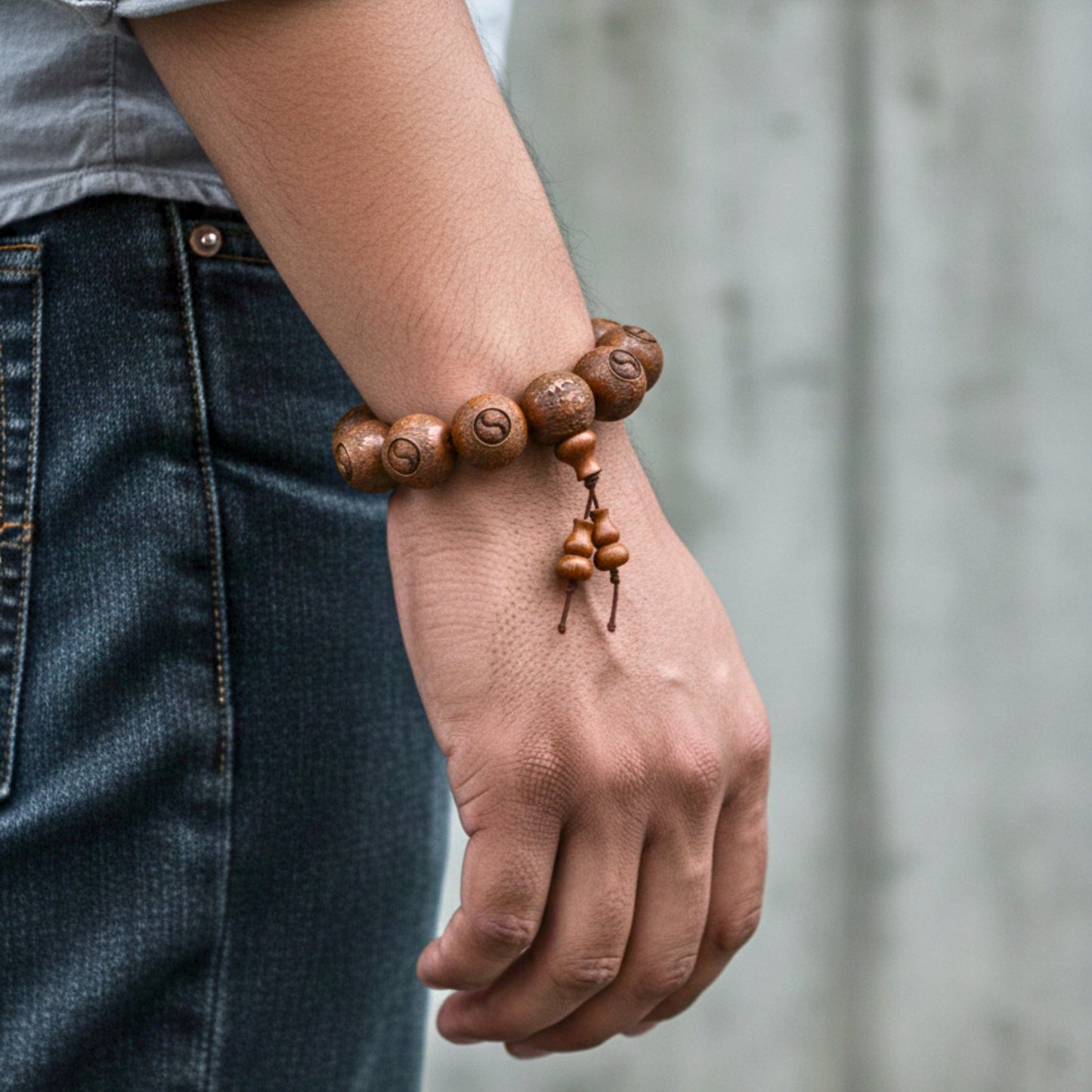 THE MEN THING Bead Bracelet YINYANG SACRED - 21mm Wooden Beads Bracelet with Natural Stone - Adjustable Bracelet