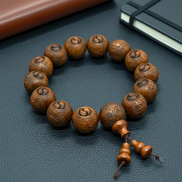YINYANG SACRED - 21mm Wooden Beads Bracelet with Natural Stone - Adjustable Bracelet