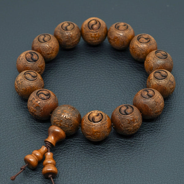 YINYANG SACRED - 21mm Wooden Beads Bracelet with Natural Stone - Adjustable Bracelet