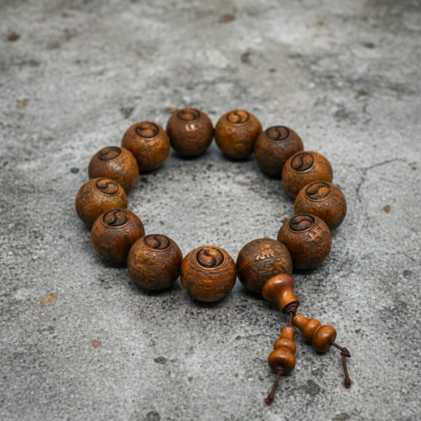 YINYANG SACRED - 21mm Wooden Beads Bracelet with Natural Stone - Adjustable Bracelet