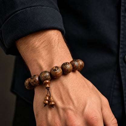 THE MEN THING Bead Bracelet YINYANG SACRED - 21mm Wooden Beads Bracelet with Natural Stone - Adjustable Bracelet