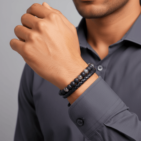 DARK AGE STYLE - European Style Genuine Leather Bracelet with Multi-Layer Braided, 100% Stainless Steel Magnetic Buckle for Men & Boys (7 inch)