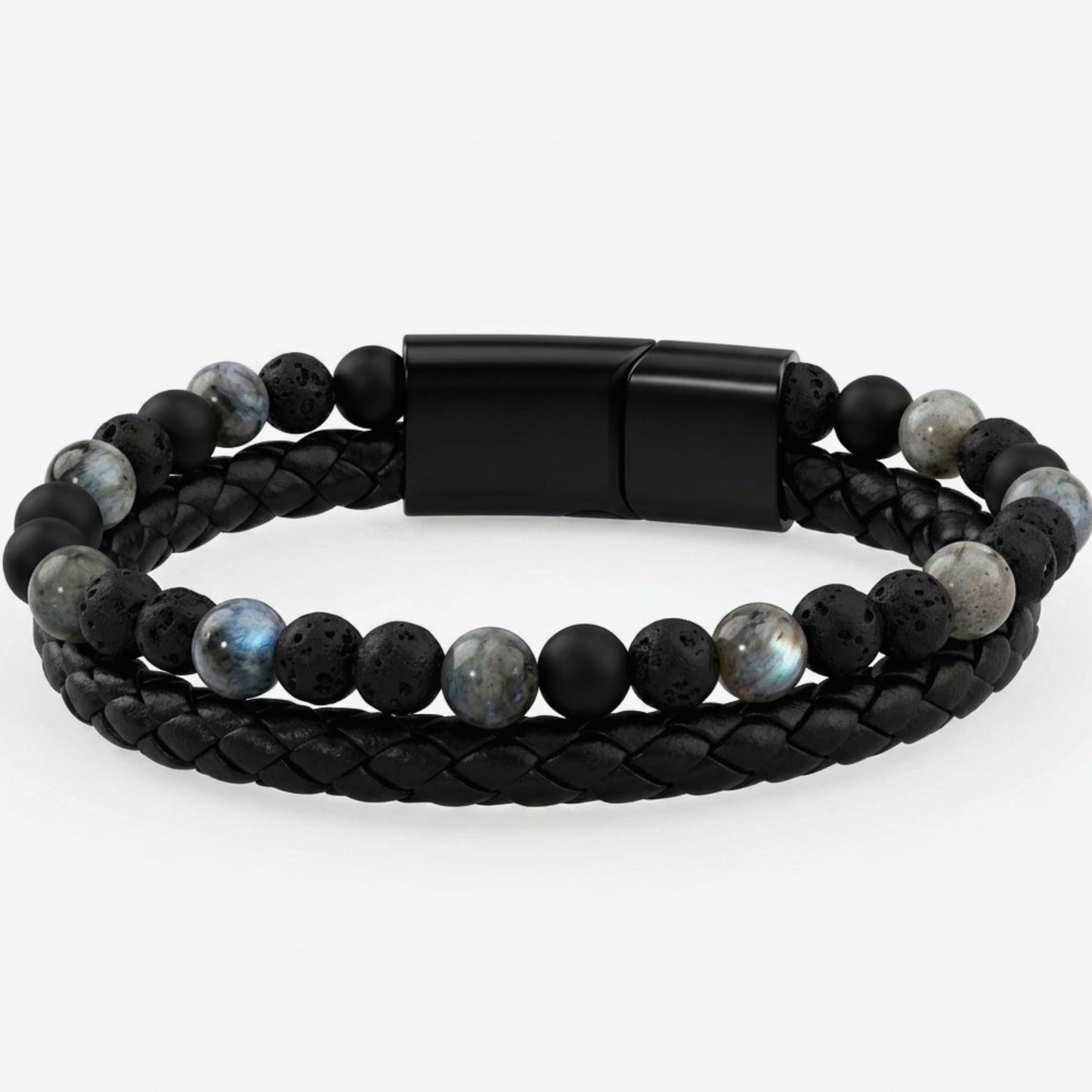 THE MEN THING Bead Bracelets DARK AGE STYLE - European Style Genuine Leather Bracelet with Multi-Layer Braided, 100% Stainless Steel Magnetic Buckle for Men & Boys (7 inch)