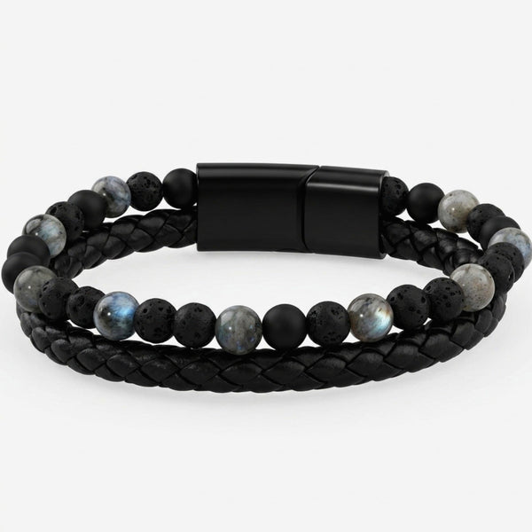 DARK AGE STYLE - European Style Genuine Leather Bracelet with Multi-Layer Braided, 100% Stainless Steel Magnetic Buckle for Men & Boys (7 inch)