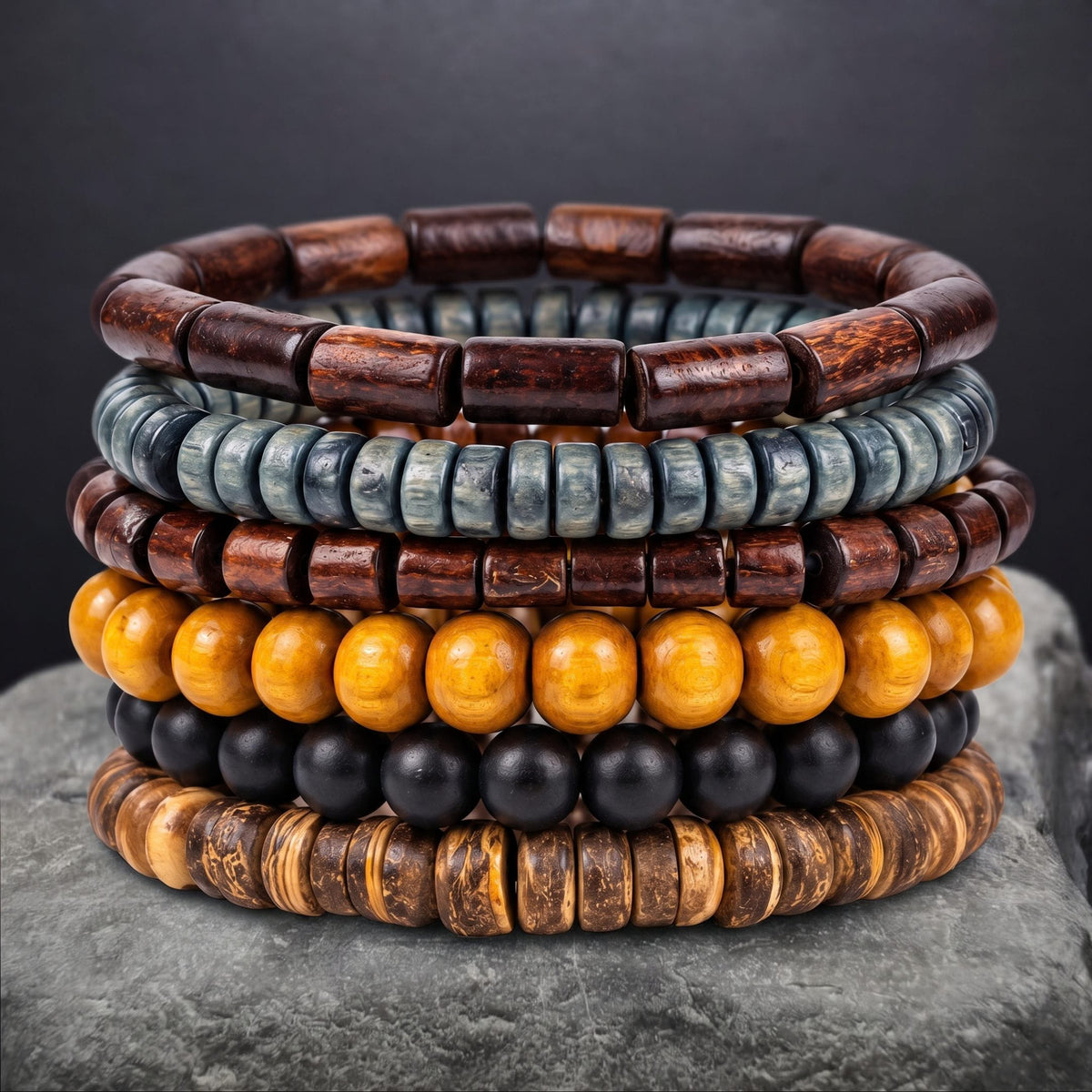 THE MEN THING Bead Bracelets EARTH STACK - 6 Pcs Genuine Beads Adjustable Bracelet for Men & Boys
